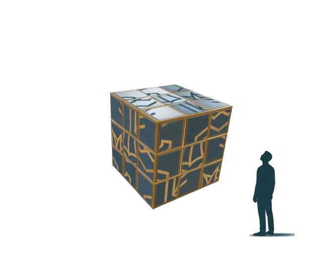 Un cube aux faces gravées de circuits, face à une silhouette.
